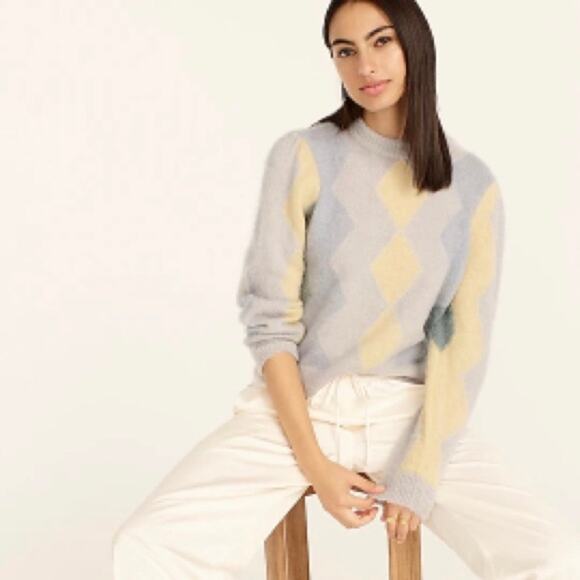 J. Crew Diamon Checked Crewneck Sweater Blue Yellow - Picture 1 of 9